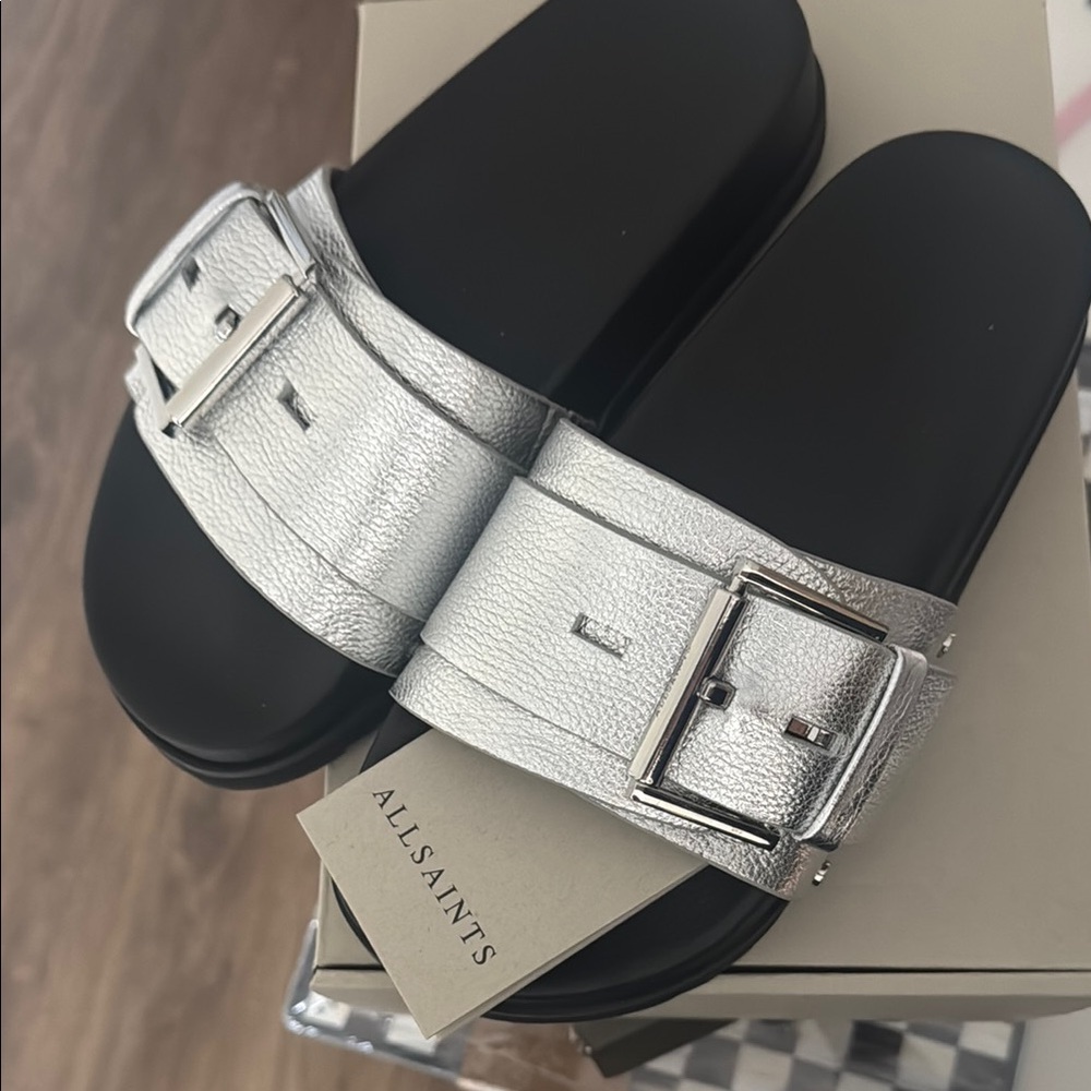 AllSaints Ellie Stud Silver Slide Sandals NWT